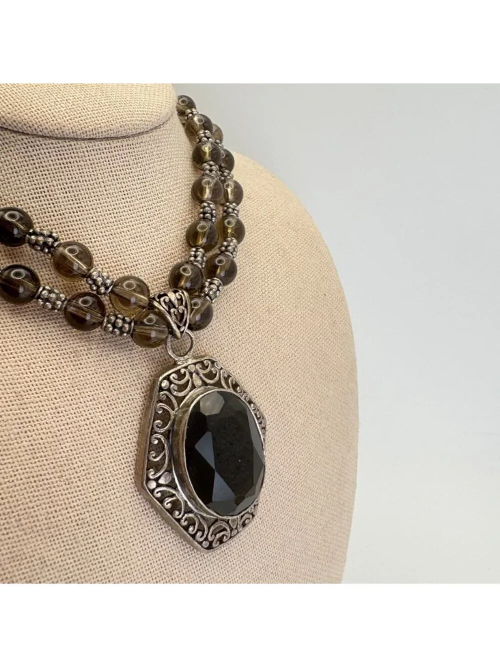 Smoky Quartz Beaded Sterling Silver 925 Necklace 16